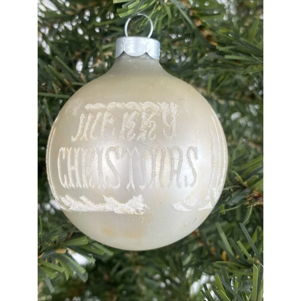 Vintage White Made USA MERRY CHRISTMAS Mica Stenciled Ball Ornament Holiday
